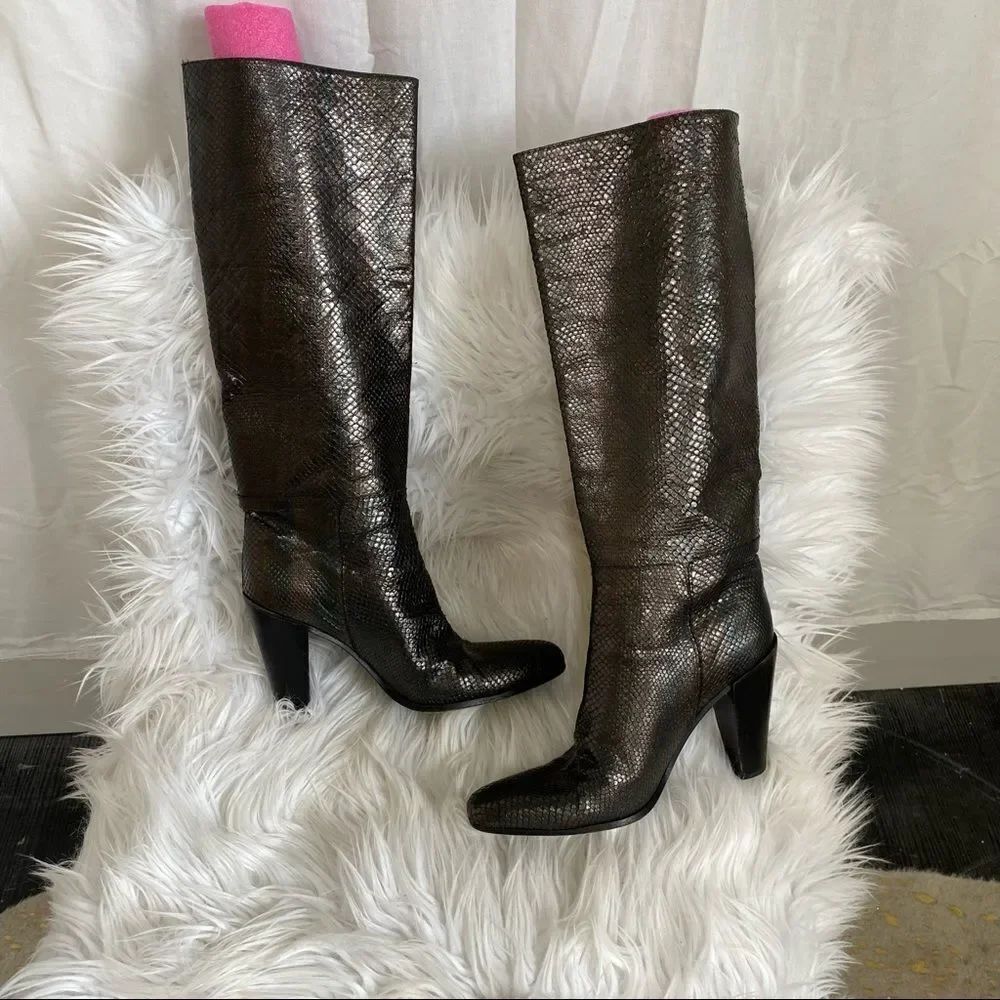 DKNY Bronze Metallic Italian Snakeskin Leather Embossed Knee High Heeled Boots 6